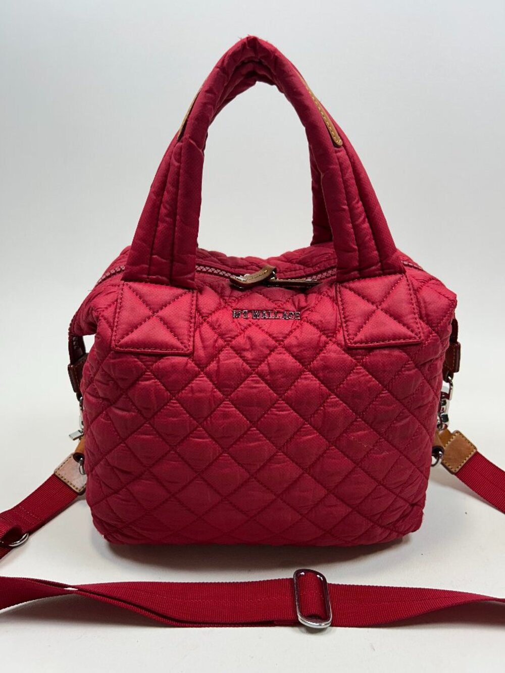 MZ WALLACE Red Small Sutton Deluxe Light Weight Quilted Nylon Crossbody Tote
